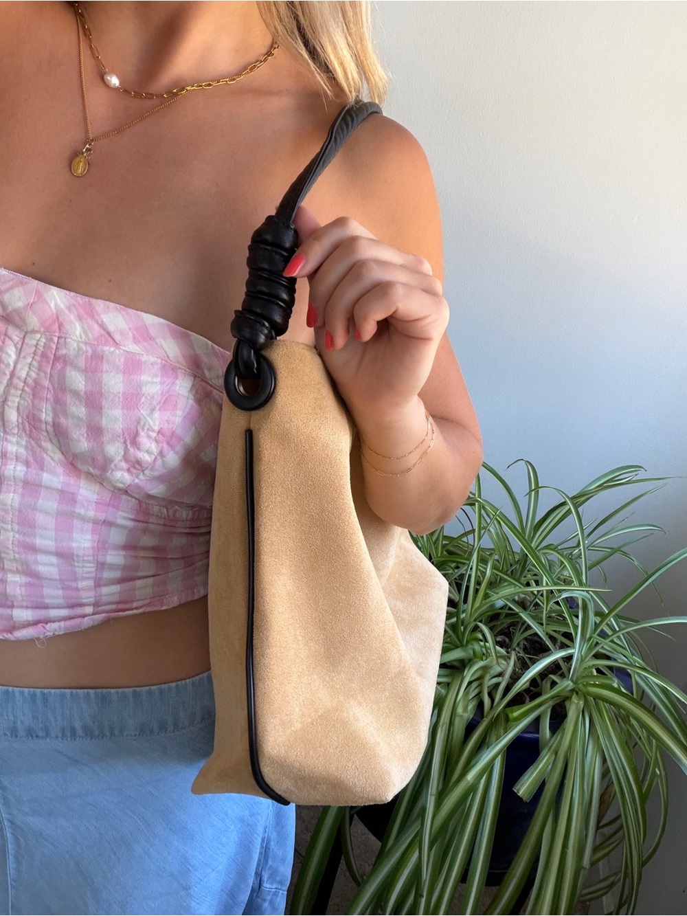 Suede Tan Camel Shoulder Bag with Black Leather Finishes